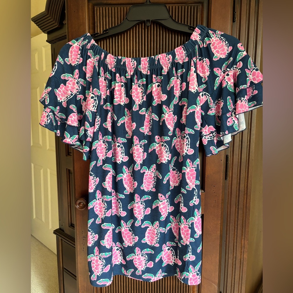 Simply Southern Pink and Blue TURTLE  On or Off Shoulder Soft Flowing Bright L